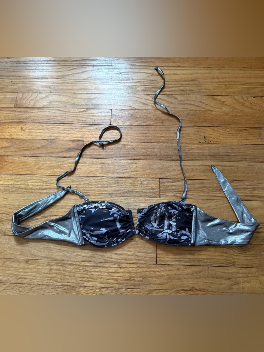 vintage Crash & Burn Silver and Black Bandeau Bikini Top
